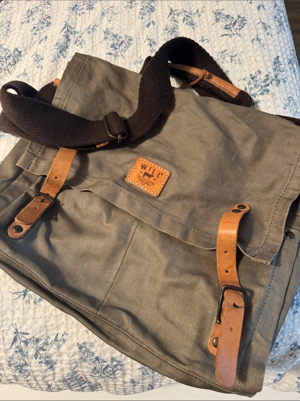 Will Leather Goods Olive Canvas Messenger with Brown Leather Accents